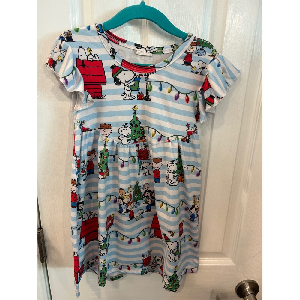Peanuts Snoopy Christmas Dress Blue Striped Flutter Sleeve Holiday Kids Size 4t
